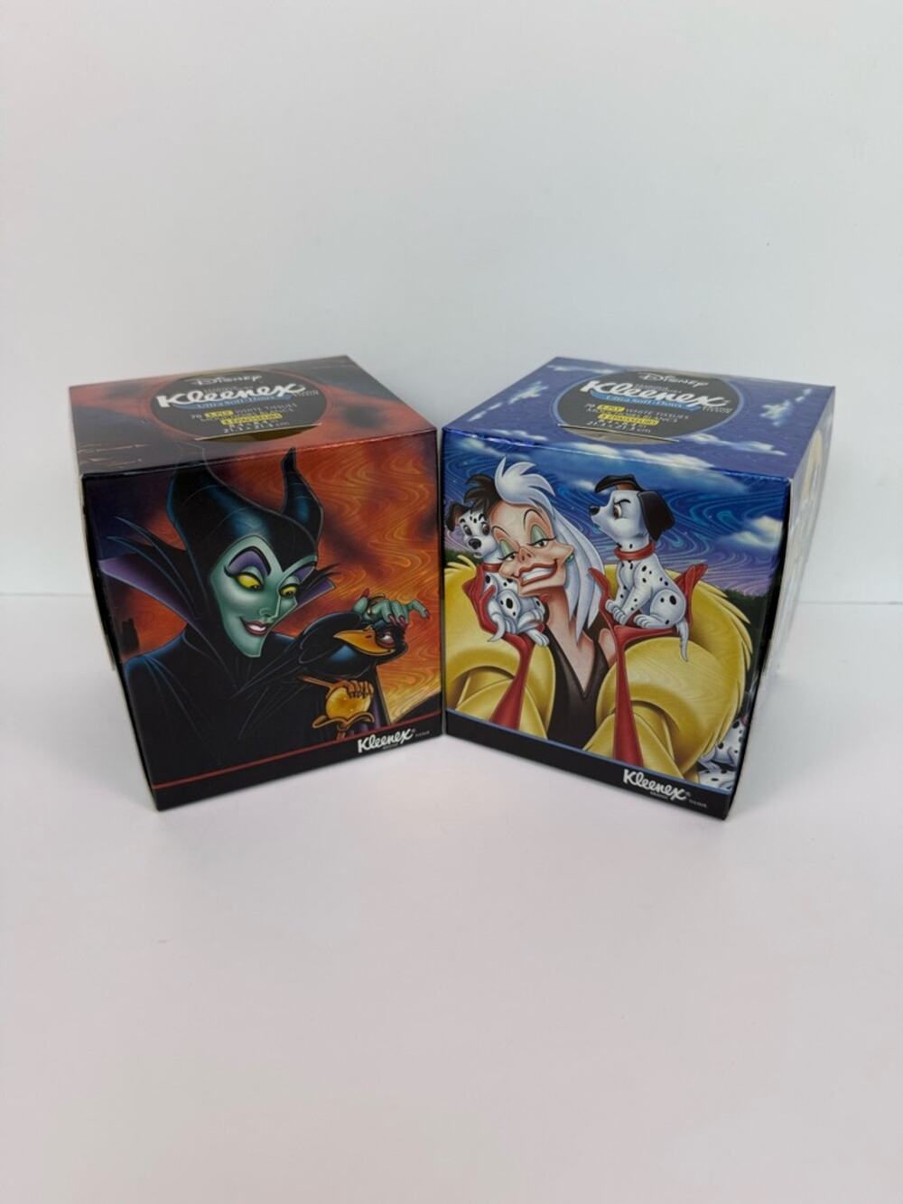 Disney Villains Kleenex Tissue Boxes Maleficent Cruella 101 Dalmatians Unopened